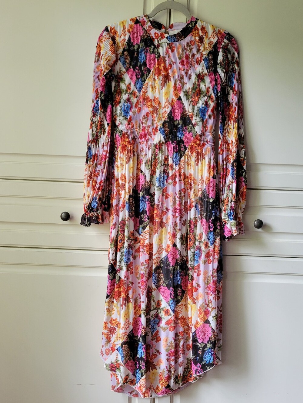Anthropologie Shara Pleated Patchwork‎ Floral Midi Dress Long Sleeve Size XS